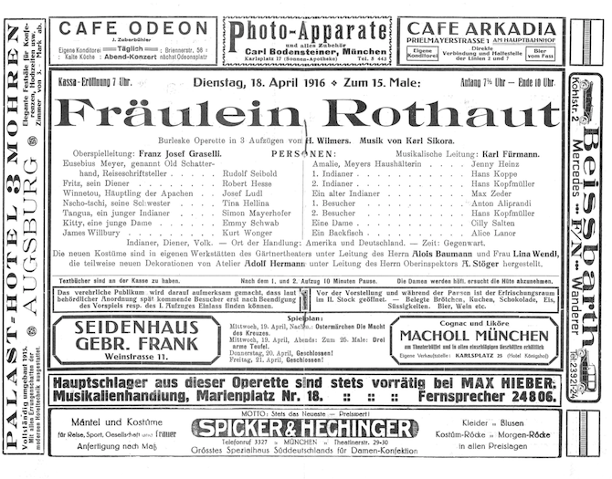 Besetzung Fräulein Rothaut, München 1916